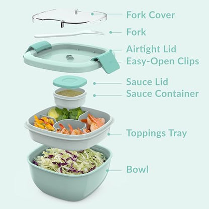 Bentgo Salad Container - 54 oz Bowl with 4-Compartment Toppings Tray, Leak-Proof Dressing Container, Reusable Fork, BPA-Free Lunch Box for Meal Prep & Food Storage; Removable Bento Tray (Coastal Aqua) - color: Coastal Aqua