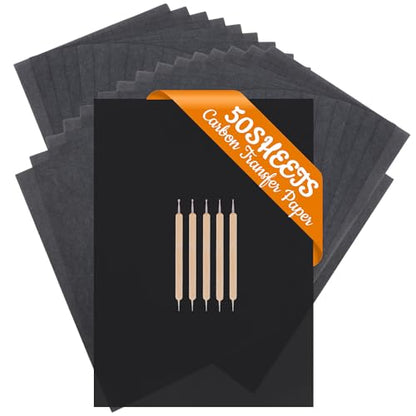 50 Sheets Carbon Paper for Tracing, A4 (8.3 x 11.7 Inch) Black Graphite Transfer Paper, No-Smudge Carbon Paper with 5 Embossing Stylus, Tracing Paper for Wood, Fabric, Canvas, DIY Craft