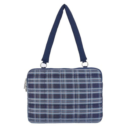 Puffy Quilted Laptop Sleeve 13-15 Inch Cute Plaid Laptop Case with Handle Grid Pattern Soft Protective Laptop Bag for Macbook - color: Blue