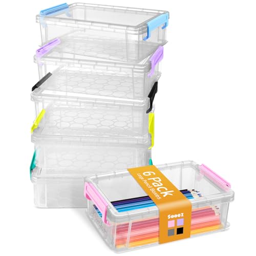 Sooez 6 Pack Extra Large Pencil Box, Plastic Hard Pencil Case Crayon Box Bulk, Clear Marker Organizer Plastic Containers with Lid, Stackable Storage Boxes for Art Craft, Back to School Supplies, Multi - color: Multi, size: Large