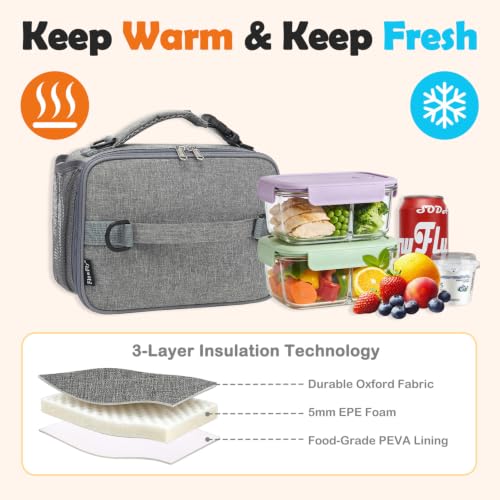 FlowFly Kids Lunch Bag, Durable Insulated School Lunch Box with Shoulder Strap and Bottle Holder, Water-resistant Thermal Small Lunch Cooler Tote for Teen Boys & Girls,Grey - color: Gray