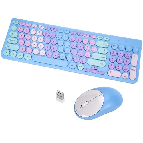 Wireless Keyboard and Mouse Combo, Retro Typewriter Keyboard with Round Keycaps, 2.4GHz USB Cute Wireless Keyboard Mouse for Computer, Desktop, Laptop and Computer (Rainbow Blue) - color: Rainbow Blue