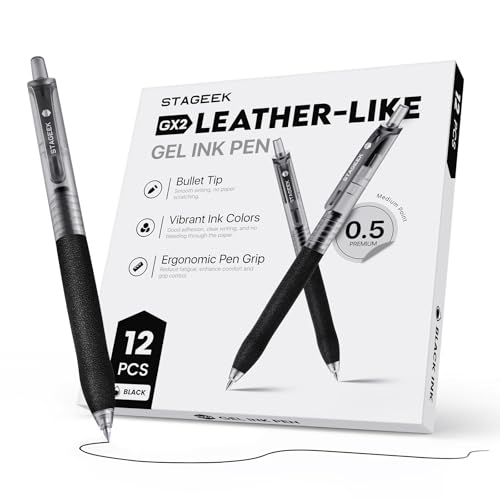 STAGEEK 0.5mm Gel Pens Fine Point Smooth Writing Pens, 12PCS Black Ink Pens, Retractable Leather-Like Black Gel Pens, Business Gel Pen for Journaling, Writing, School, Office Use (Black) - color: Black