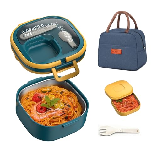 PEDECO Stackable Stainless Steel Bento Box with Insulated bag,Adult & Kids Luch Box,Leak-Proof,1-Tier Bento box,Lunch Box With Portable Sauce Pod and Cutlery-for Teens/Toddler,Dishwasher Safe,Blue - color: Blue, size: Stainless Steel Single Layer with Lun