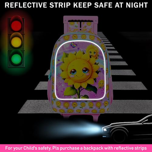 KLFVB Girls Bookbag with Wheels, 3PCS Kids Roller Backpack with Lunch Bag, Wheeled School Bag for Children - Smiling Sunflower - color: UV Printing Sunflower Pink Rolling Backpack