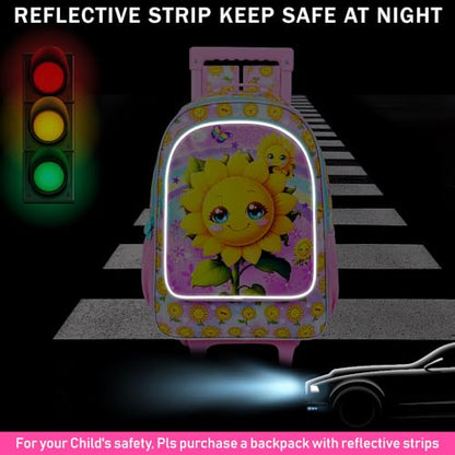 KLFVB Girls Bookbag with Wheels, 3PCS Kids Roller Backpack with Lunch Bag, Wheeled School Bag for Children - Smiling Sunflower - color: UV Printing Sunflower Pink Rolling Backpack