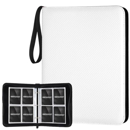 GERMUN 4 Pocket Card Binder, Premium Zip Trading Card Binder, 400 Double Sided Pocket PU Card Collection Binder, Collector Card Album, Card Folder for MTG, TCG, Sports Cards, Game Cards (White) - color: 4 Pocket 400 Carbon White