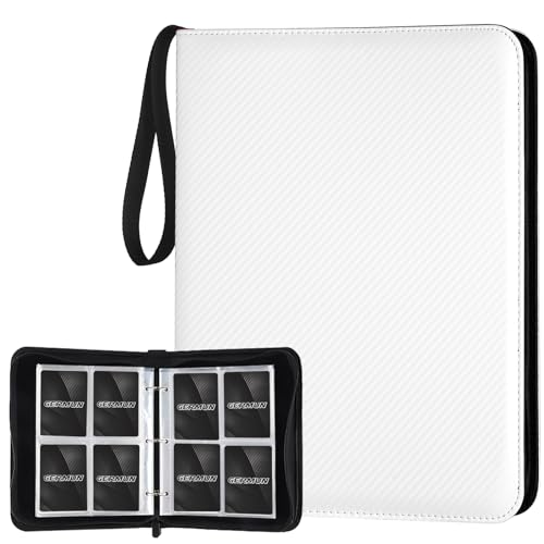 GERMUN 4 Pocket Card Binder, Premium Zip Trading Card Binder, 400 Double Sided Pocket PU Card Collection Binder, Collector Card Album, Card Folder for MTG, TCG, Sports Cards, Game Cards (White) - color: 4 Pocket 400 Carbon White