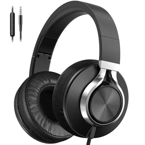 AILIHEN C90 Wired Headphones with Microphone Volume Control, Noise Reduction Over Ear Headphones Wired 3.5mm, Super Soft Corded Headphone for Cellphones, Tablet and Chromebook (Black, Classic, L) - color: All Black
