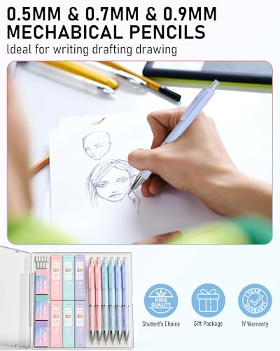 Nicpro 6PCS Pastel Mechanical Pencil Set, Cute Mechanical Pencils 0.5 mm & 0.7 mm & 0.9 mm with 360PCS HB Lead Refills, Eraser, Eraser Refill for Student Writing Drawing Sketching Drafting with Case - style: 6 Pack (0.5mm+0.7mm+0.9mm)