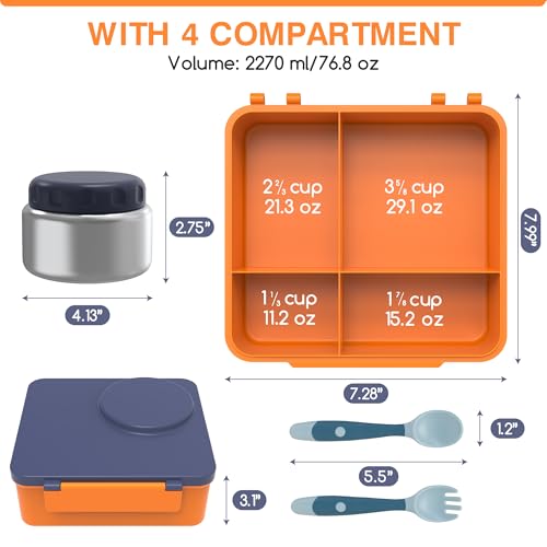 Bento Box for Kids - Leak-Proof Bento Lunch Box with Insulated Thermo Food Jar - 4 Compartments, 1 Removable Divider, 1 Spoon, 1 Fork - Dishwasher Safe, BPA-Free (Navy blue) - color: Navy Blue