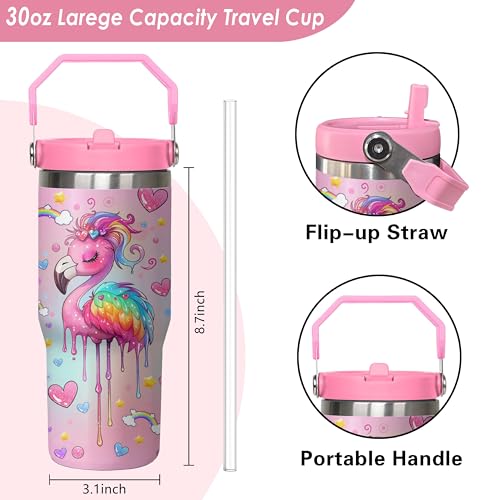 30 oz Flamingo Tumbler with Handle, Large Insulated Tumbler with Flip & Straw Coffee Mug Cup Stainless Steel Gifts for Women Men Youth - color: Pink