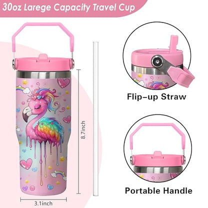 30 oz Flamingo Tumbler with Handle, Large Insulated Tumbler with Flip & Straw Coffee Mug Cup Stainless Steel Gifts for Women Men Youth - color: Pink