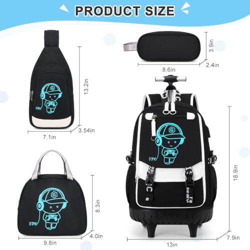 Bevalsa Rolling Backpack for Boys, Roller Backpack with Wheels, Wheeled School Bag with Sling Bag, Lunch Box & Pen Case for Kids Children Teens Elementary Middle Student Glow In The Dark - color: Black