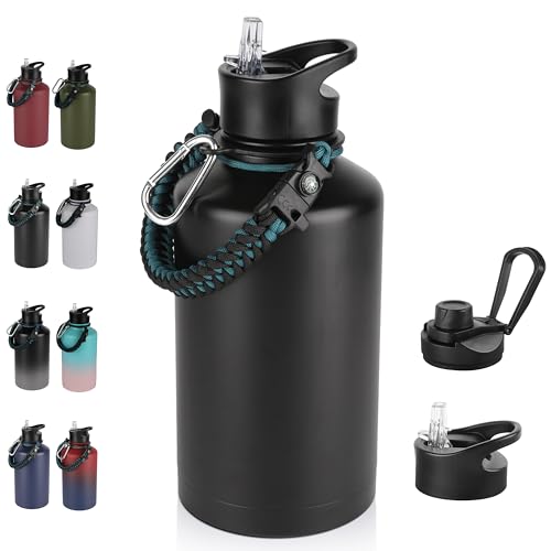 64 oz Insulated Water Bottle with Straw & Spout Lids, Stainless Steel Metal Half Gallon Water Jug with Paracord Handle, Double Wall Vacuum, Leakproof, Keep Drinks Cold & Hot, Black - color: Black, size: 64 Ounces