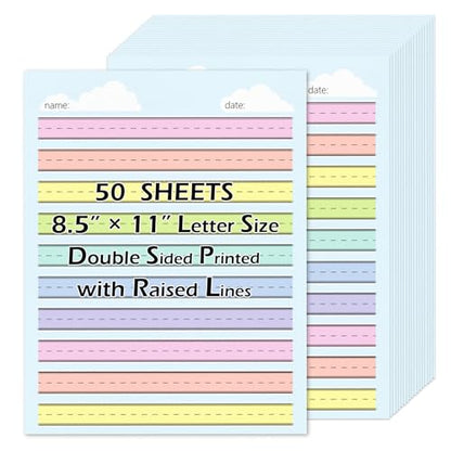 50 Sheets Multi-Color Raised Line Paper for Handwriting Practice, Wide Ruled Kindergarten Writing Paper, Double Sided, 8.5x11 inches
