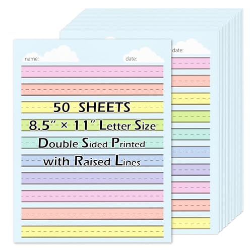 50 Sheets Multi-Color Raised Line Paper for Handwriting Practice, Wide Ruled Kindergarten Writing Paper, Double Sided, 8.5x11 inches