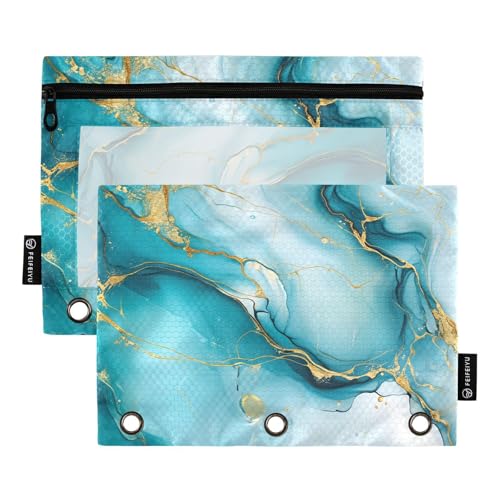 Gredecor Binder Pencil Pouch 3 Ring Cyan Blue Teal Turquoise Marble Zipper Pencil Pouches Case 2 Pack Clear Binder Organizer for School Office - color: Turquoise Marble