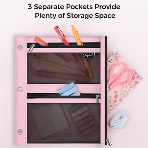SKYDUE Pencil Pouch for Binder, Pencil Case, 3 Ring Binder Pencil Pouch with 3 Pockets and Mesh Window, Zipper Pencil Pouch, Durable Organizer for School Supplies, Cables, Earbuds, Makeup, Pink - color: Pink