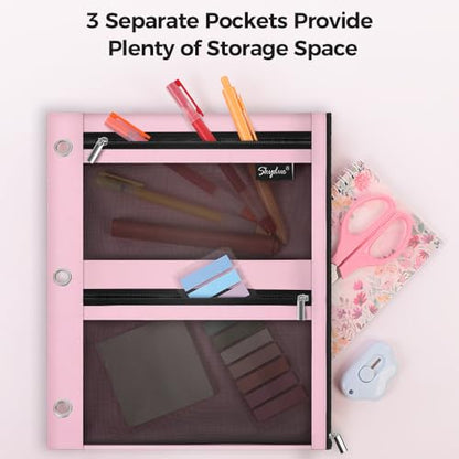 SKYDUE Pencil Pouch for Binder, Pencil Case, 3 Ring Binder Pencil Pouch with 3 Pockets and Mesh Window, Zipper Pencil Pouch, Durable Organizer for School Supplies, Cables, Earbuds, Makeup, Pink - color: Pink
