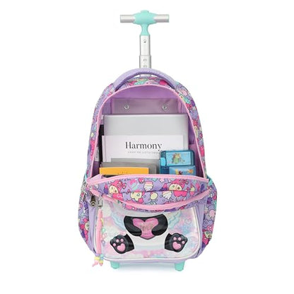 Cartoon Rolling Backpack for Boys Girls, Kids 5 Pcs Wheeled Backpack, Travel Backpack for Elementary Students (Panda Purple) - color: Panda Purple