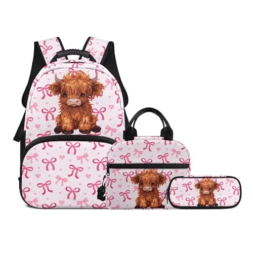 Kids Bookbag Set, 3-in-1 Lunch Bag & Pencil Case Combo for Girls,Highland Cow Lightweight Waterproof Student Backpack with Matching Insulated Lunchbox and Pouch - color: Pink Bows-highland Cow