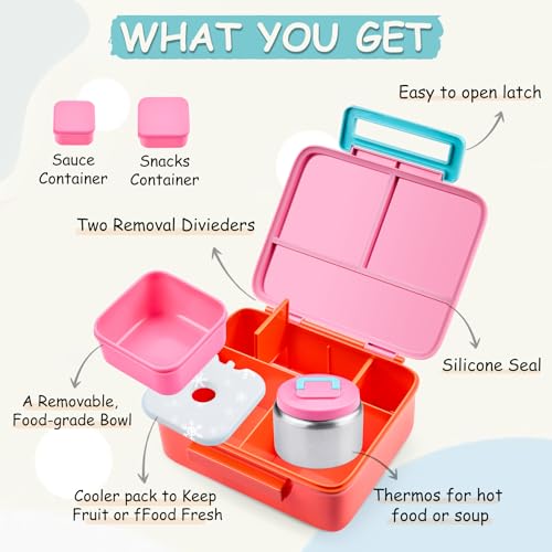Bento Lunch Box for Kids with 8oz Soup Thermo Leak-Proof Lunch Food Containers with Snack Sauce Container for Kid Girls Boys to School,Pink - color: Pure Pink