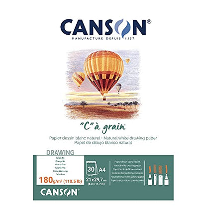Canson "C à Grain A4 180g White Drawing & Sketching Paper Pad, 30 Sheets, Fine Grain Texture, Glued on Short Side, Ideal for Professional Artists - size: A4, style: 180gsm