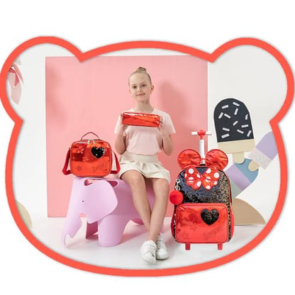 Meetbelify Rolling Backpack for Girls Backpacks with Wheels for Elementary School Students Kids 3 in 1 Travel Luggage Suitcase with Lunch Box Pencil Case for Girls Age 8-10 - color: Big Ear Red