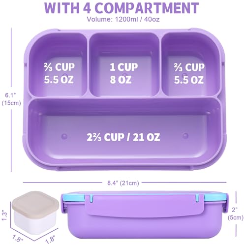 shell and turtle Bento Box for Kids Girls Boys, Bento Box Adult Lunch Box with 4 Compartments, Lunch Containers with Utensils, Sauce Jar, Muffin Liners for School, 40 Oz/5 Cup, Purple - color: Purple