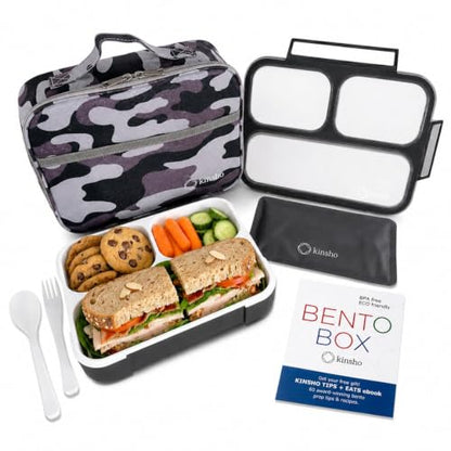 kinsho Camo Lunch Boxes for Boys Teens Adults - Bento Box Set with Insulated Bag and Ice Pack, 3 Compartment Leak Proof Food Container, BPA-Free, Microwave Safe, Ideal for School & Work, Black Gray - color: Black with Camo Bag