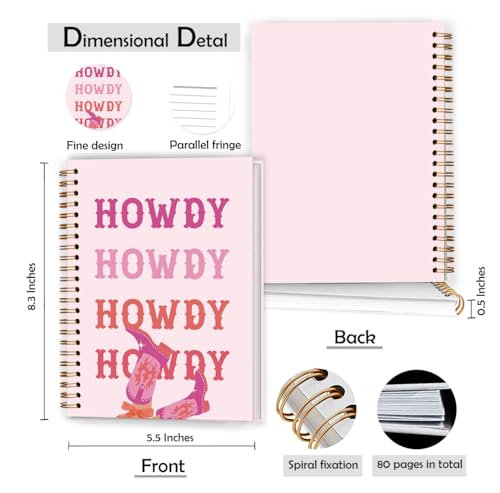 XUNLURY Pink Western Cowgirl Howdy Notebook, Preppy Cowboy Boots Journal, Cowgirl Gifts for Women Journal, Western Office Supplies, Hardcover Spiral Notebooks, 5.5x8.3 Inch - color: Color_I