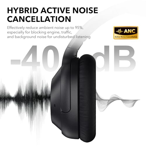 Bluetooth 6.0 Active Noise Cancelling Headphones for Airplane Travel, LDAC Hi-Res Audio, 90H Playtime Wired and Wireless ANC Headphones, Over Ear Headset for Home Office, Custom EQ via APP, Black - color: Black
