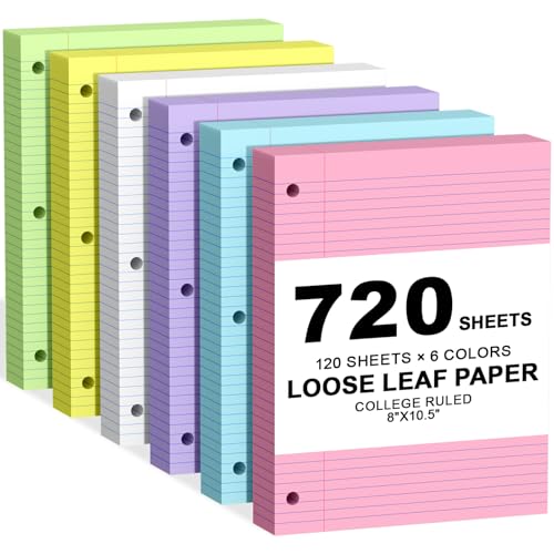 720 Sheets Loose Leaf Paper, 8x10.5 College Ruled, Notebook Paper for 3 Ring Binders, Colored Notebook, 3 Hole Punch Paper, 120 Sheets/Color - color: Colored-720 Sheets, size: 8x10.5 College Ruled