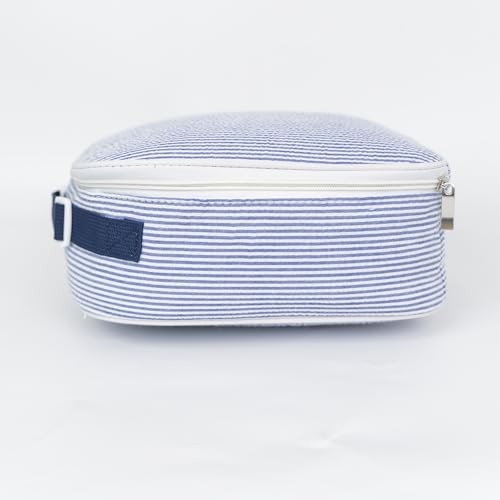 MT WORLD Personalized Lunch Bag Tote Custom Embroidery Name Reusable Seersucker Stripe Pattern Insulated Lunch Box - color: Blue