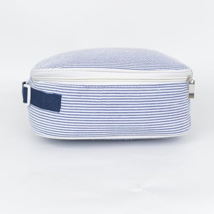 MT WORLD Personalized Lunch Bag Tote Custom Embroidery Name Reusable Seersucker Stripe Pattern Insulated Lunch Box - color: Blue