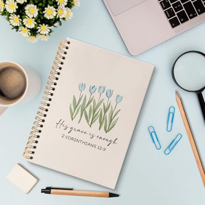 huester Christian Floral Notebook Journal, Blue Tulip Flowers His Grace Is Enough Bible Journal, Bible Journaling Notebooks for Note Taking, Floral Hardcover Paper Spiral Notebook, 5.5x8.3 Inch - color: Christian01