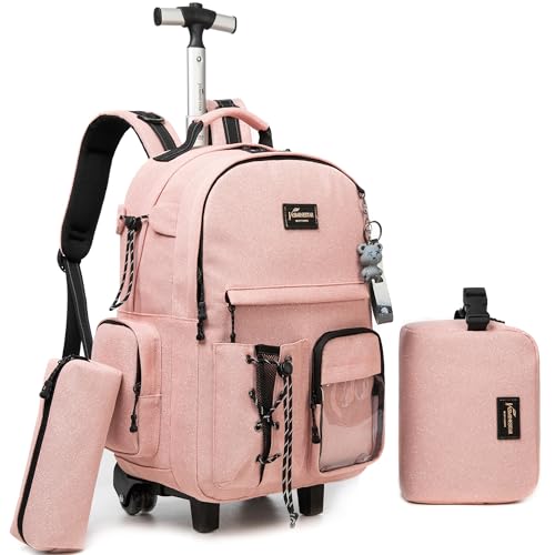 Rolling Backpack for Girls Backpack with Wheels with Lunch Box Set 3 in 1 Wheeled Backpacks for school Backpacks for Teens Girls Pink Schoolbag for Kids Back to School Supplies - color: Pink2