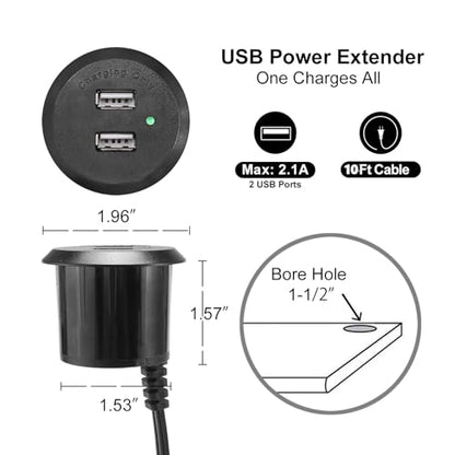 Desktop Recessed Mount USB Power Hub Desk Power Outlet Charging Center Nightstand Cabinet (2 USB 2.1A 10 ft) - size: 10 ft