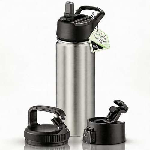 SipX™ 18 oz Insulated Water Bottle with 3 Lids – Leakproof Stainless Steel, Triple Insulated – Cold 24 Hours/Hot 12 Hours – Durable Bottle for School, Gym, Travel – Stainless - color: Stainless, size: 18 Ounces