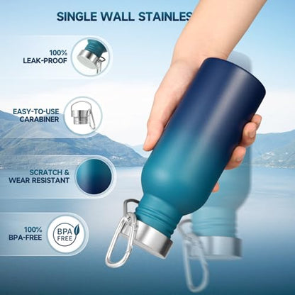 Volhoply 20oz Uninsulated Single Walled Water Bottle, Stainless Steel Reusable Water Bottles with Handle & Carabiner, BPA Free 18/8 304 Sports Water Bottles for Camping Hiking（Dark Night,1） - color: Dark Night