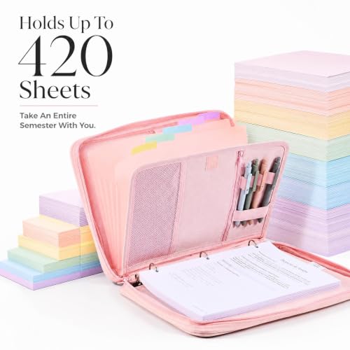 Sturdy 3 Ring Zipper Binder with Strap for School - Beautiful 1 Inch Zip Up Binder with 5-Tab Dividers Holds 420 Sheets, Books & Laptop - Easy to Carry Trapper Keeper Made of Premium Fabrics - color: Pink
