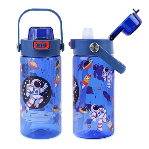20oz Kids Water Bottle For School or Travel, Leak-Proof & Dishwasher, Durable Plastic Sport Water Bottle With Straw and Handle, Astronaut - color: Blue astronaut