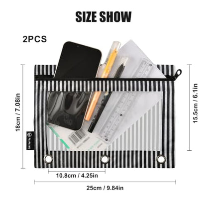 Gredecor 3 Ring Binder Pencil Pouch, Black and White Line Zippered Pen Case Pouches with Clear Window, 2 Pack Stylish Office & School Supplie - color: Black and White Line