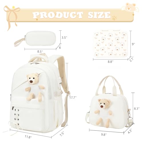 ACESAK Backpack for Girls with Bento Box - 4 PCS Cute Girls Backpack with Lunch Box, Pencil Case & Bento Box Set - 43oz Leakproof Lunch Box Kids Snack Containers Set Back to School Supplies (Beige) - color: Beige