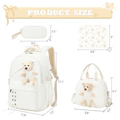 ACESAK Backpack for Girls with Bento Box - 4 PCS Cute Girls Backpack with Lunch Box, Pencil Case & Bento Box Set - 43oz Leakproof Lunch Box Kids Snack Containers Set Back to School Supplies (Beige) - color: Beige