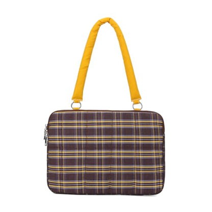 Puffy Quilted Laptop Sleeve 13-15 Inch Cute Plaid Laptop Case with Handle Grid Pattern Soft Protective Laptop Bag for Macbook - color: Brown