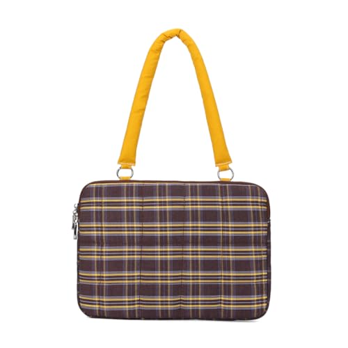 Puffy Quilted Laptop Sleeve 13-15 Inch Cute Plaid Laptop Case with Handle Grid Pattern Soft Protective Laptop Bag for Macbook - color: Brown