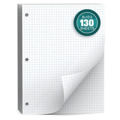 Loose Leaf Graph paper 8 x 10.5, Graph Ruled Paper, 3 Hole Punched Paper, 4 x 4 Quad Ruled Graph Paper, 10-1/2" x 8" Filler Paper Notebook Paper, 130 Sheets Graphing Paper for Business Home School - size: 8 x 10.5 In -130 Sheets