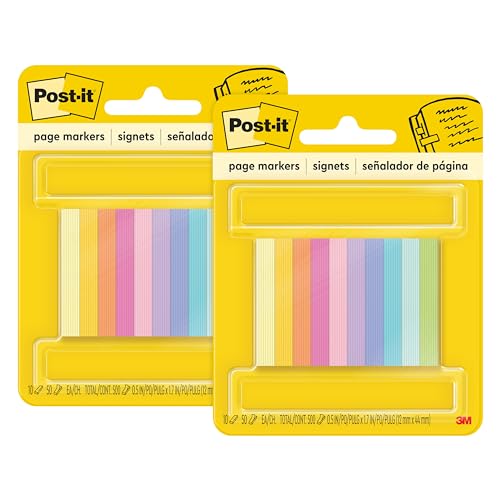 Post-it Page Markers, Assorted Bright Colors, 1/2 in x 2 in, 50 Markers/Pad, 10 Pads, (670-10AB) (Pack of 2) - size: 4.7" x 0.3" (Pack of 2)